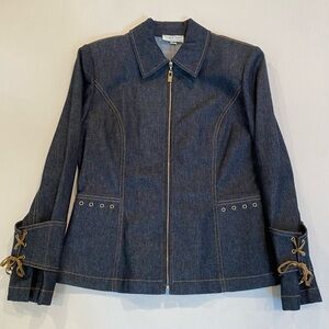 Vintage St. John Stylish Blue Denim Jacket with Lace-Up Corset Sleeves and Back
